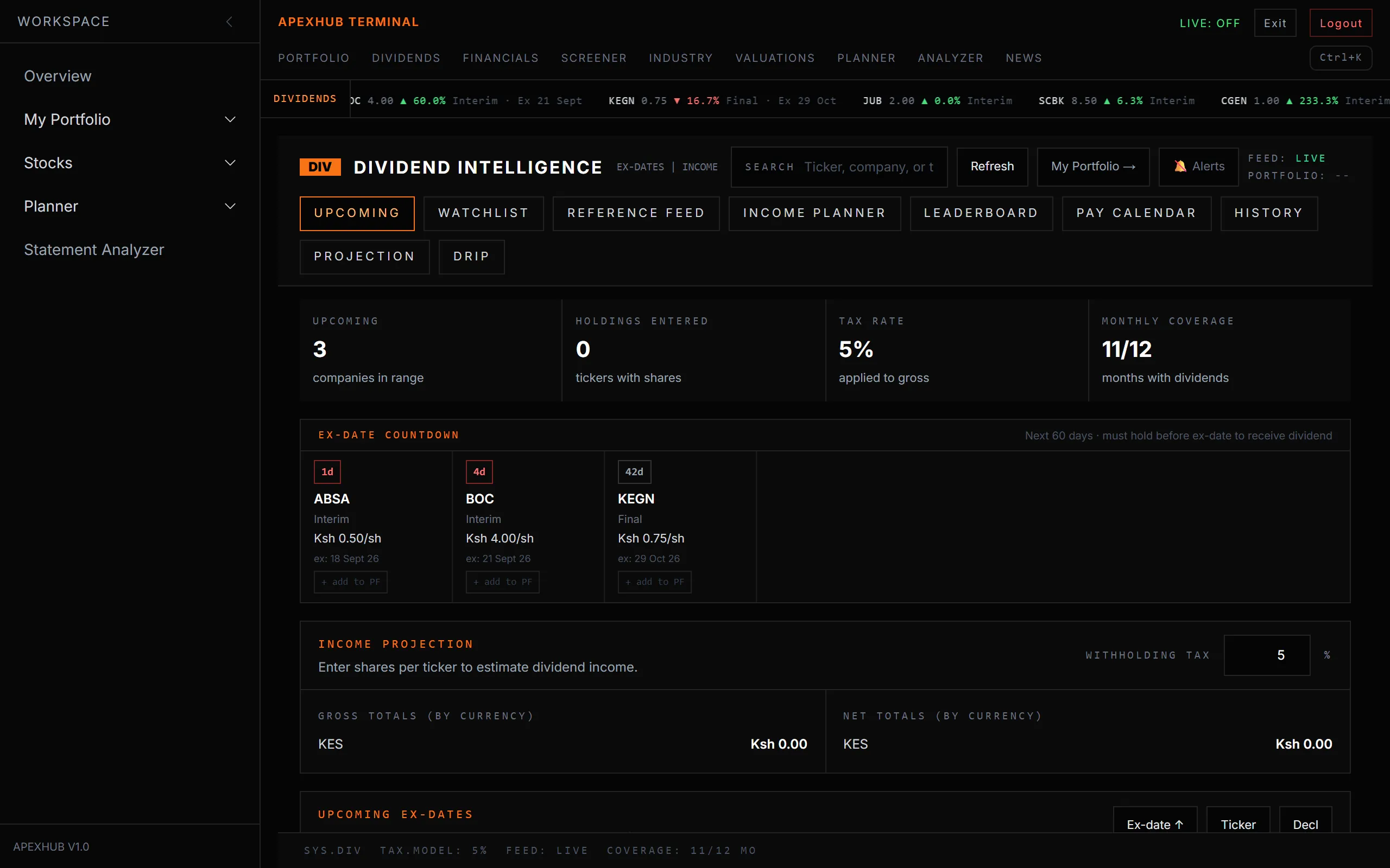 Dividend intelligence with an ex-date countdown for upcoming NSE dividends