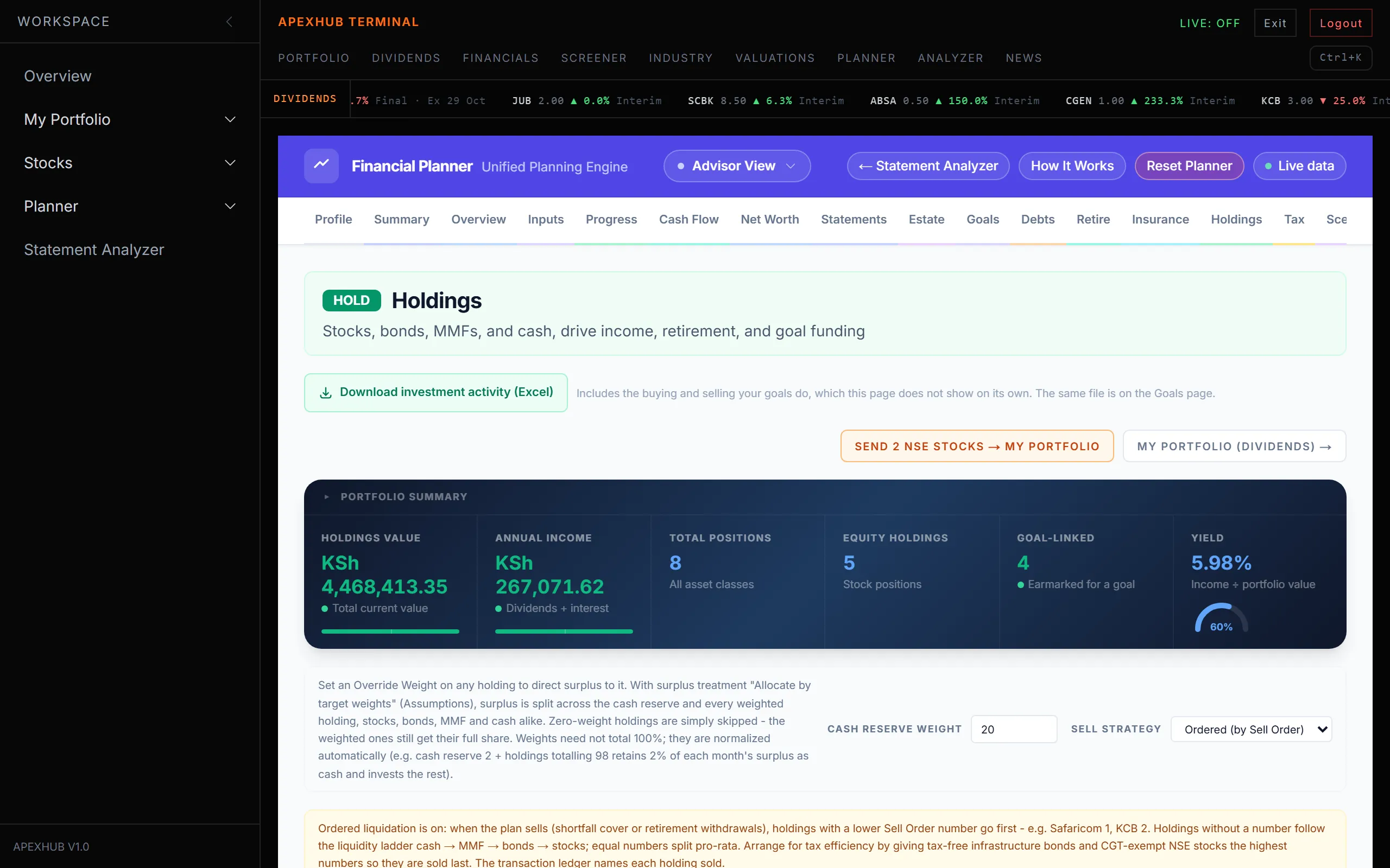 The planner's holdings page for the demo plan: portfolio value, annual income and yield across positions
