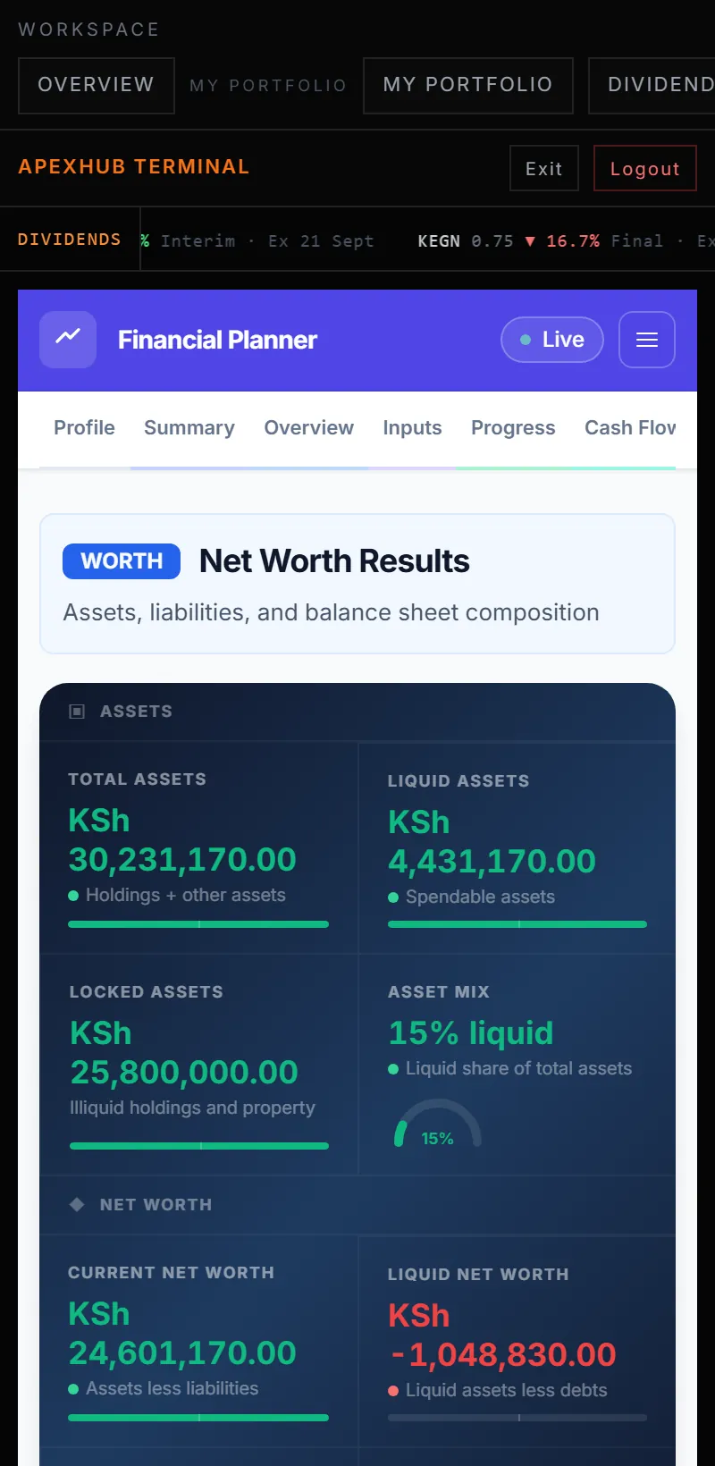 The planner's net worth page for the seeded demo plan, on a phone