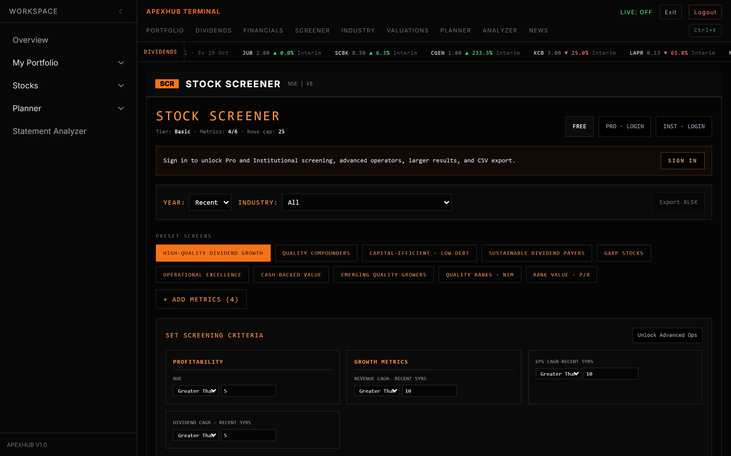 The stock screener with preset screens and screening criteria